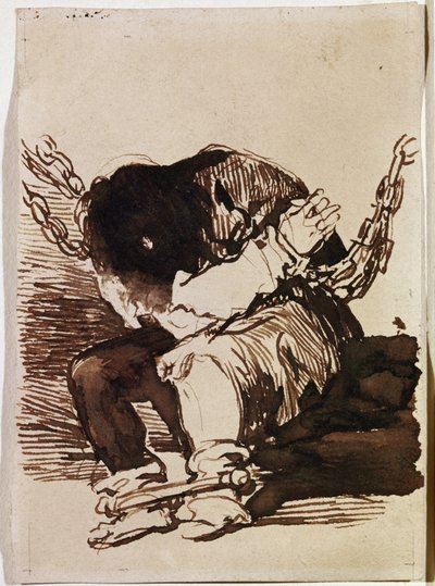 Fangekæde sidder. (Forberedende tegning af Francisco de Goya
