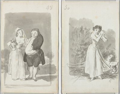 Prostitueret anmoder om en fed, grim mand (recto); Ung kvinde vrider sine hænder over en mands nøgne krop (verso) af Francisco de Goya