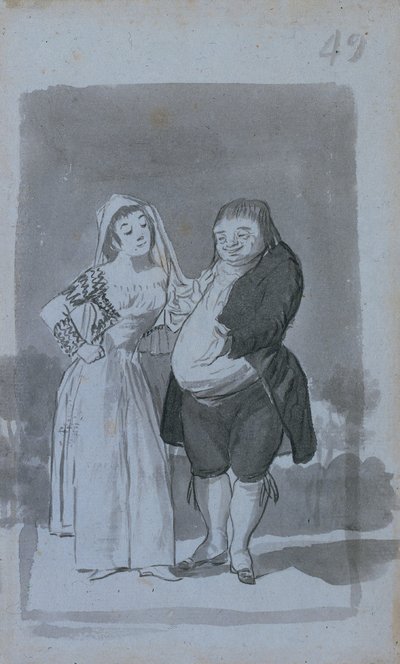 Prostitueret anmoder om en fed, grim mand recto, 1796-97. af Francisco de Goya