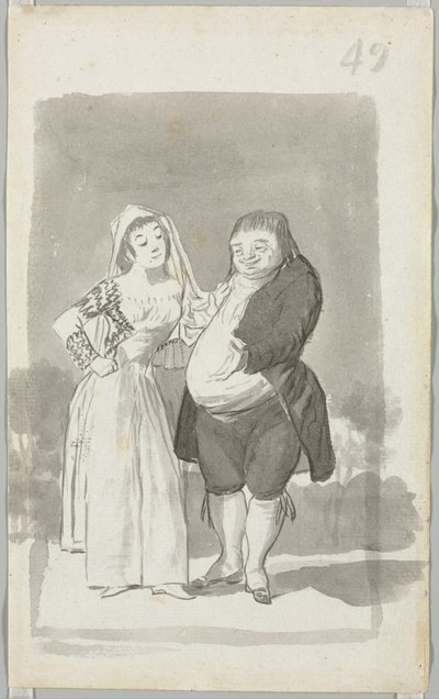 Prostitueret anmoder om en fed, grim mand recto, ung kvinde vrider sine hænder ... omvendt, 1796-97. af Francisco de Goya