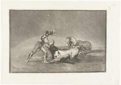 Spanse rider doody på stier En spansk ridder dræber en tyr efter at have mistet sin hest Stierenvechten (serietitel) Tyrefægtning (serietitel) af Francisco de Goya