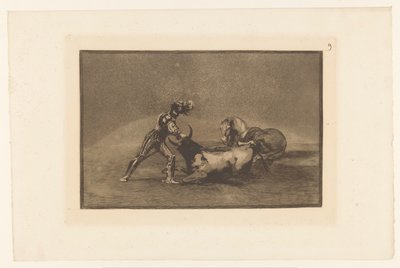 Spanse rider doodt en stier En spansk ridder dræber en tyr efter at have mistet sin hest Stierengevechten (serietitel) La Taureamachie (serietitel) Tyrefægtning (serietitel) af Francisco de Goya