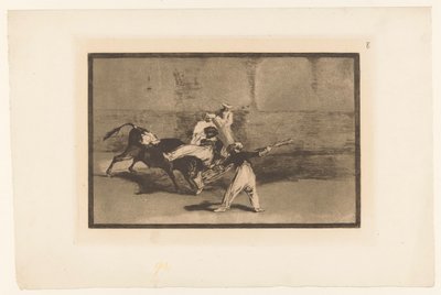 Tyren bliver grebet af tyrefægtere Cogida de un Moro estando en la plaza Tyrefægtning (serietitel) La Taureaumachie (serietitel) La Tauromaquia (serietitel) af Francisco de Goya