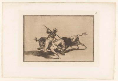 Stierenjacht te paard Den livlige moro gazul er den første til at spyd tyre i rækkefølge Stierengevechten (serietitel) La Taureamachie (serietitel) Tyrefægtning (serietitel) af Francisco de Goya