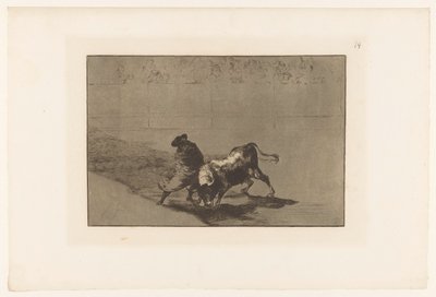 Stierenvechter i sandet Falces dygtige elev, i kappe, håner tyren med sine løbeture Stierengevechten (serietitel) La Taureamachie (serietitel) Tyrefægtning (serietitel) af Francisco de Goya