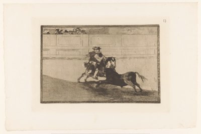 Stierenvechten i sandet En spansk herre på pladsen knækker rejoncillos uden hjælp fra alfonserne Stierengevechten (serietitel) La Taureamachie (serietitel) Tyrefægtning (serietitel) af Francisco de Goya