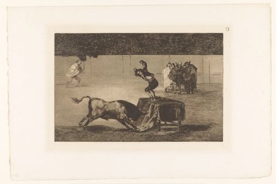 Tyrefægter står på et bord i arenaen Otra locura suya og la misma plaza Tyrefægtning (serietitel) La Taureaumachie (serietitel) La Tauromaquia (serietitel) af Francisco de Goya