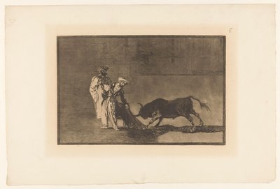 Stierenvechten i sandet Maurerne laver endnu en capeo på pladsen med deres badekåbe Stierengevechten (serietitel) La Taureamachie (serietitel) Tyrefægtning (serietitel) af Francisco de Goya