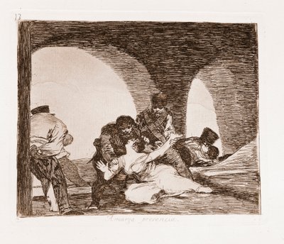 The Disasters of War: En mand vidne til voldtægten af sin kone (radering fra den forberedende tegning af Francisco de Goya