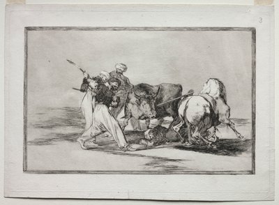 Maurerne slog sig ned i Spanien, opgav Koranens overtro, adopterede denne jagtkunst og spyd en tyr i det fri af Francisco de Goya