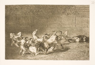 To hold picadorer bliver et efter et væltet omkuld af en enkelt tyr af Francisco de Goya