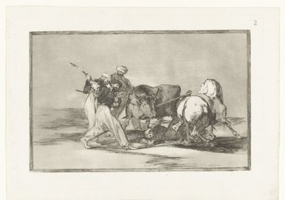 Vier mannen jagen op een stier Maurerne etableret i Spanien, som undlod deres Alcoráns overtro, overtog denne jagt og kunst og lanserer en tyr i marken Stierenvechten (serietitel) Tyrefægtning (serietitel) af Francisco de Goya