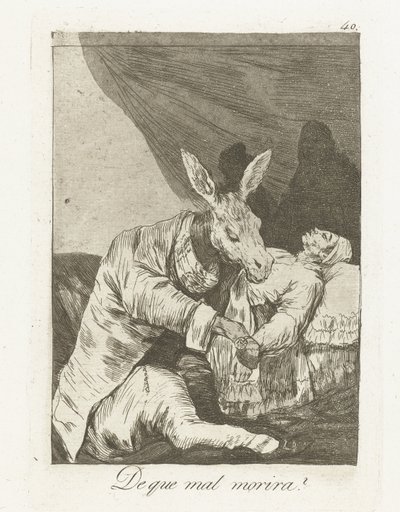 Hvad vil han dø af? Que mal morira? (titel på objekt) Los Caprichos (serietitel) af Francisco de Goya