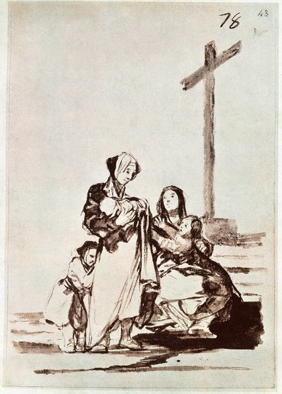 Kvinder og børn nær et kors (gravering) af Francisco de Goya