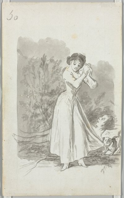 Ung kvinde vrider sine hænder over en mands nøgne krop (verso) af Francisco de Goya
