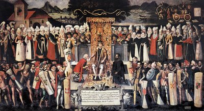 Ceremoni med håndkysse (håndkysse) efter erklæringen om privilegier af kong Ferdinand den katolske (1452-1516). Maleri af Francisco de mendieta Y Retes (1500-tallet). Spanien, Guernica. Juntas hus. af Francisco de Mendieta y Retes