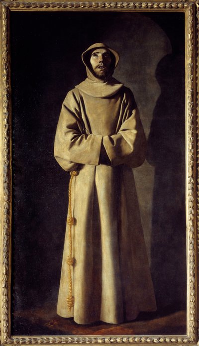 Portræt af Saint Francois af Assisi: Helgenen er repræsenteret i ekstase, Han bærer en kasse med, som et bælte, et reb med knuder. Maleri af Francisco de Zurbaran (1598-1664) af Francisco de Zurbaran