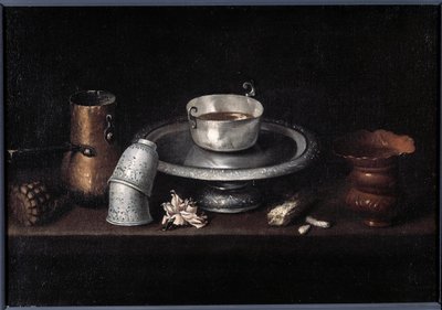 Stilleben chokolade morgenmad af chokolade kop, kopper. Maleri af Francisco de Zurbaran (1598-1664). 17. århundrede Besancon, Museum of Fine Arts af Francisco de Zurbaran
