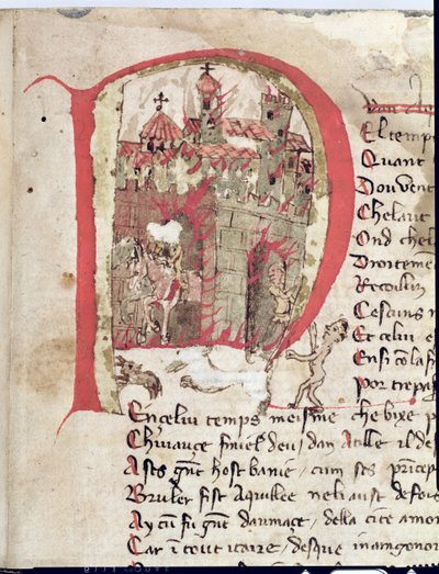Ms Est 27 W 8.17 f.1r Historikeret initial, der forestiller Hunneren Attila (ca. 406-453), der brænder byen Aquila fra Attila-krigen af Nicola da Casola af Franco Italian School