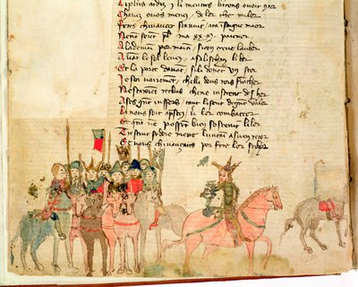 Ms Est 27 W 8.17 f.1v Hunneren Attila (c.406-453) og hans hær til hest, fra The War of Attila af Nicola da Casola af Franco Italian School