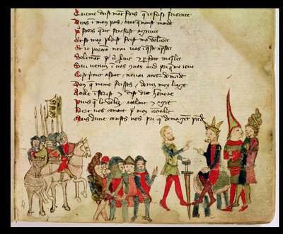 Ms Est 27 W 8.17 f.4r Hunneren Attila (c.406-453) i diskussion med en af hans krigere, fra The War of Attila af Nicola da Casola af Franco Italian School