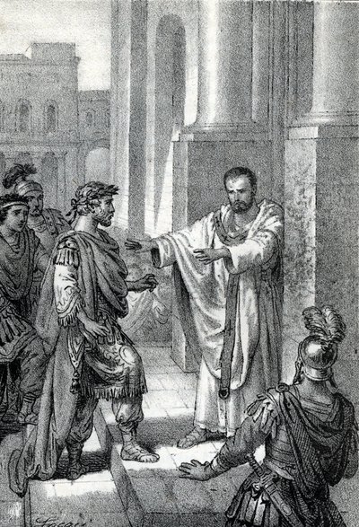 Ærkebiskoppen Sankt Ambrosius af Milano (Aurelius Ambrosius, Ambrogio di Milano (340-397) forbød indgangen til kirken til den romerske kejser Theodosius I (Flavius Theodosius) (347-395) for at straffe ham for massakren i Thessalonika i 390 - Excommunicati af Franco Mistrali