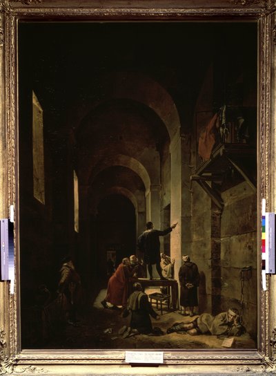 ""Maleren Jacques Stella (1596-1657) i fængsel"" (Maleren Jacques Stella i fængslet). Illustration fra ""Interviews om de mest fremragende antikke og moderne maleres liv og værker"" af Andre Felibien. Maleri af Francois Granet (1775 af Francois Marius Granet
