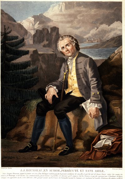 Jean Jacques Rousseau i Schweiz, forfulgt og uden asyl. Akvatinte af Charon d