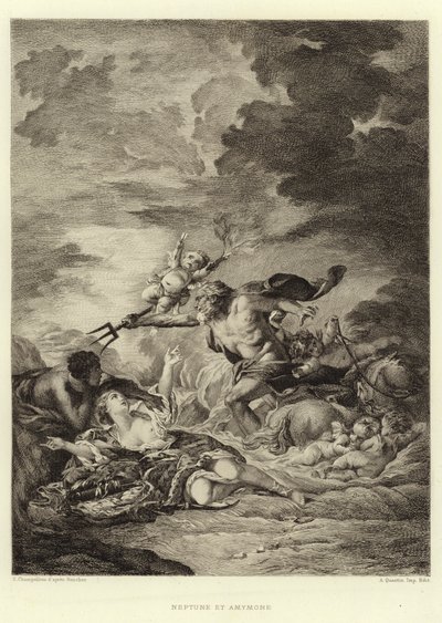 Neptun og Amymone (gravering) af Francois (after) Boucher