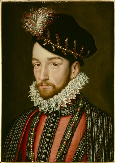 Portræt af Karl IX (1550 - 1574). Maleri af Francois Clouet (1515-1572) af Francois (after) Clouet