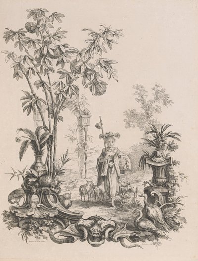 Ung kinesisk pige gående, omgivet af sine får, ca.1740-50. af Francois Antoine Aveline