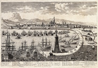 Udsigt over byen og havnen i Barcelona i det 18. århundrede. Gravering af Francois Antoine Aveline Barcelona, Museu d