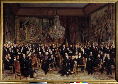 Aften på Louvre med greven af Nieuwerkerke Blandt gaverne: Francois Marcellin Certain de Canrobert (1809-1895), Eugene Delacroix (1798-1863), Camille Doucet (1812-1895), Jacques Fromental Levy dit Halevy (1799-1862) , Baron Georges Haussmann ( af François Auguste Biard
