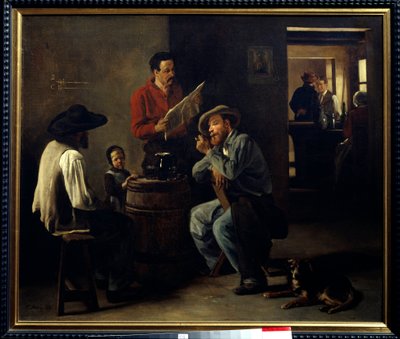 Kabaretinteriør To mænd, der sidder i en værtshus, lytter til læsningen af avisen. Maleri af Francois Bonvin (1817-1887) 1859 Arras, Musee des Beaux Arts. af François Bonvin