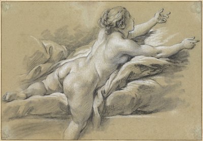 En nøgen kvinde, der strækker sig mod højre af François Boucher