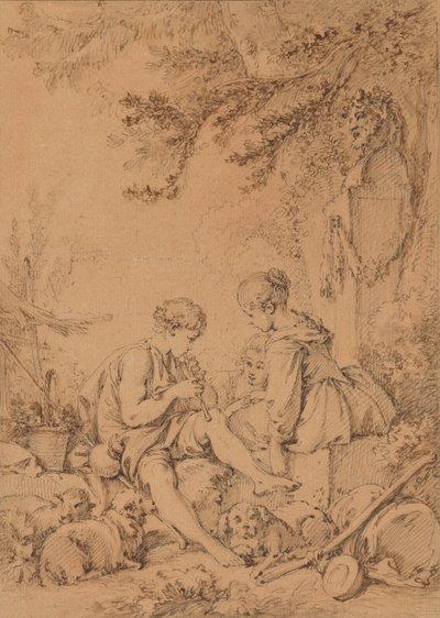 En ung hyrde, der spiller på fløjte for to unge hyrdinder af François Boucher