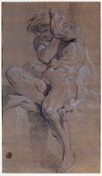 Akademi for siddende nøgen mand Tegning i rødt blod af Francois Boucher (1703-1770) 1700-tallets Paris, Louvre-museet af François Boucher