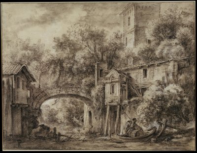 Arkitektonisk kapriccio med møllen i Quiquengrogne ved Charenton af François Boucher