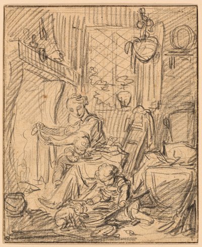 Indenlandsk scene: Mor med to små børn før en kappe af François Boucher