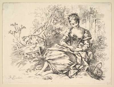 Pige i et landskab med en kurv med blomster af François Boucher