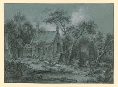 Et hus med en trappe mellem træerne, og foran det står en lystfisker af François Boucher