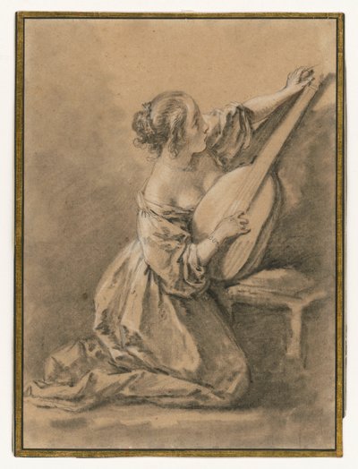 En ung kvinde, der sidder på knæ og stemmer en lut af François Boucher
