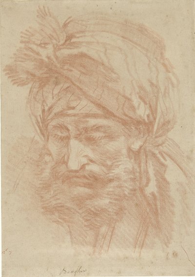 Hovedet af en skægget østlig mand med turban, set forfra, med blikket rettet nedad af François Boucher