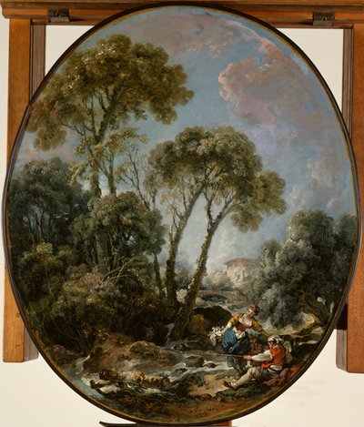 Landskab med en fisker og en ung kvinde af François Boucher