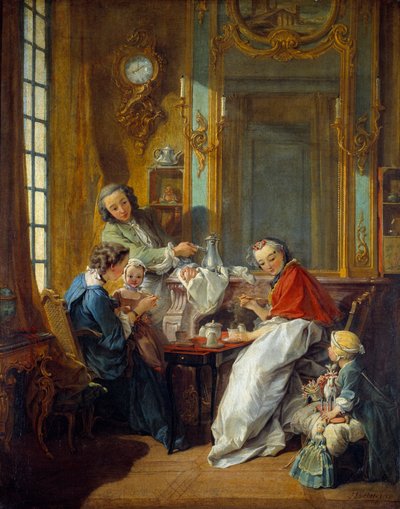 Frokostscene i et borgerligt interiør. Maleri af Francois Boucher (1703-1770) 1739 søn. 0,81x0,65 m af François Boucher