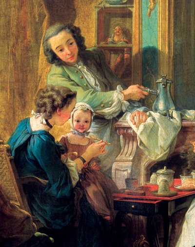 Frokostscene i et borgerligt interiør, detalje 1739 (olie på lærred) af François Boucher