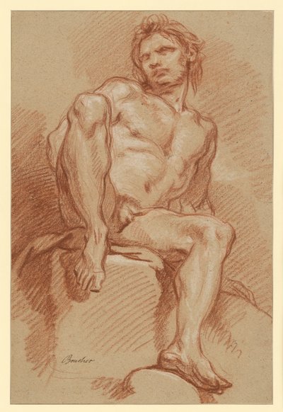 Studie af en mandlig nøgenmodel, siddende og set forfra af François Boucher