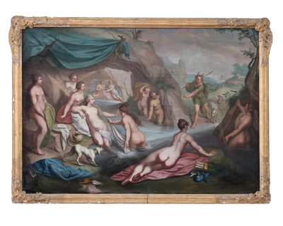 Olie på lærred. Myologisk maleri: Artemis og hendes følge overraskes i badet af Akteion af François Boucher