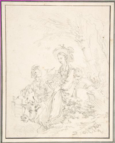 Bonde-pige, der rider på en okse sammen med sine ledsagere af François Boucher