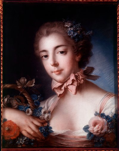 Portræt af en ung kvinde, der læner sig op af en kurv med blomster. Pastelmaleri af Francois Boucher (1703-1770) af François Boucher